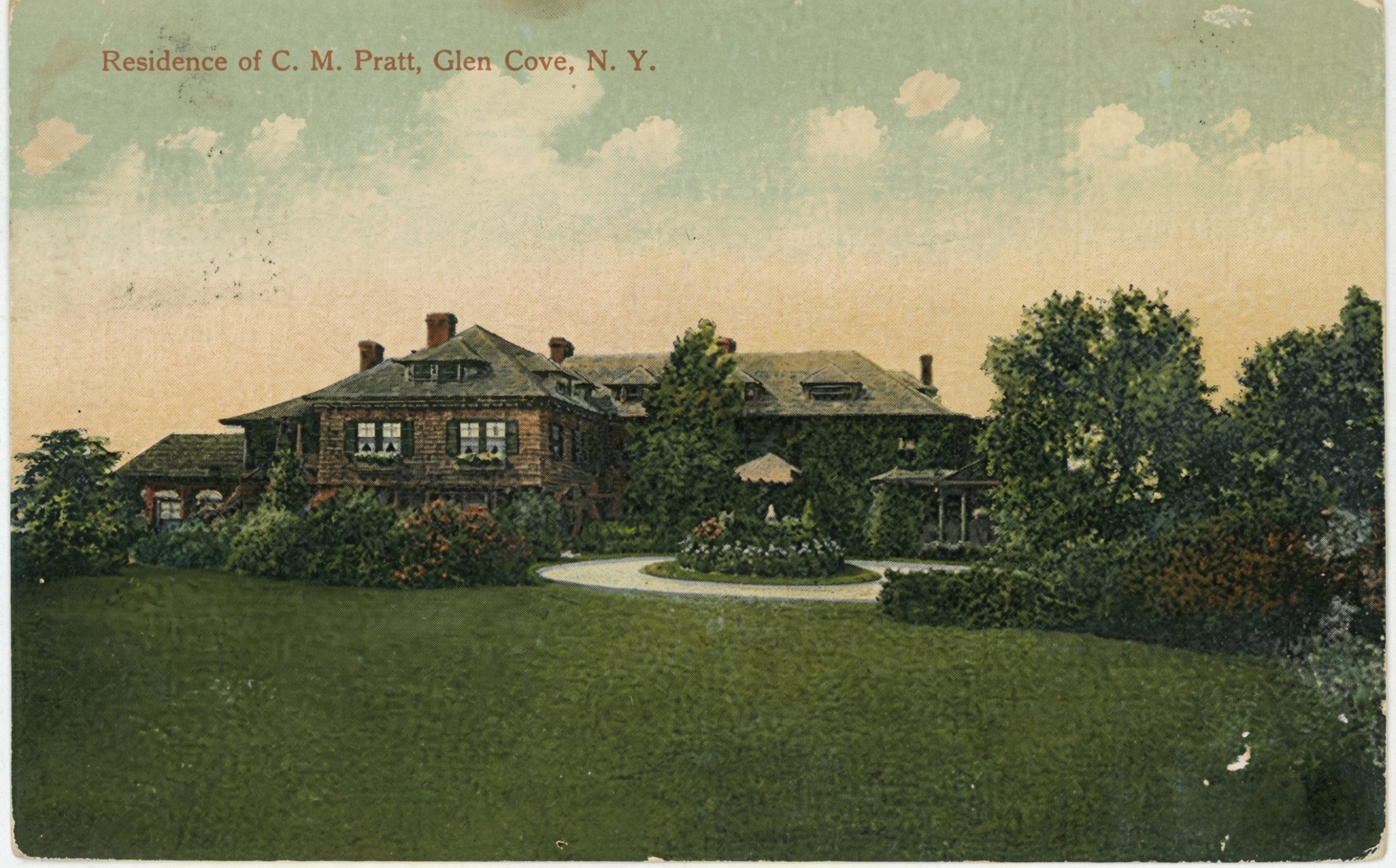 Vintage postcard showing Seamor, Charles M. Pratt's Glen Cove, New York estate with expansive lawns and shingle-style architecture.