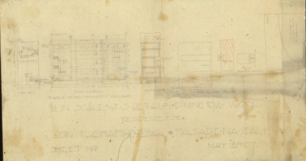 Greene & Greene 1907 pencil drawing showing dining room sideboard details for The Lon F. Chapin House in Pasadena, California.