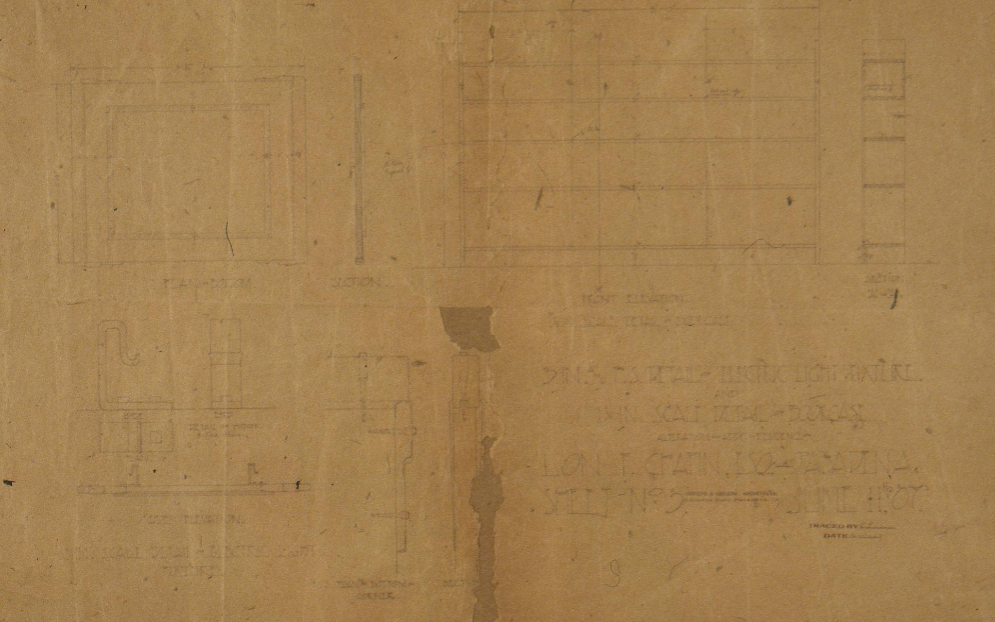Greene & Greene 1907 drawing depicting electric light fixture and bookcase details for The Lon F. Chapin House in Pasadena.