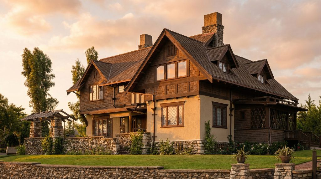 Street view rendering of the James A. Culbertson house during sunrise capturing the beauty that Greene & Greene intended