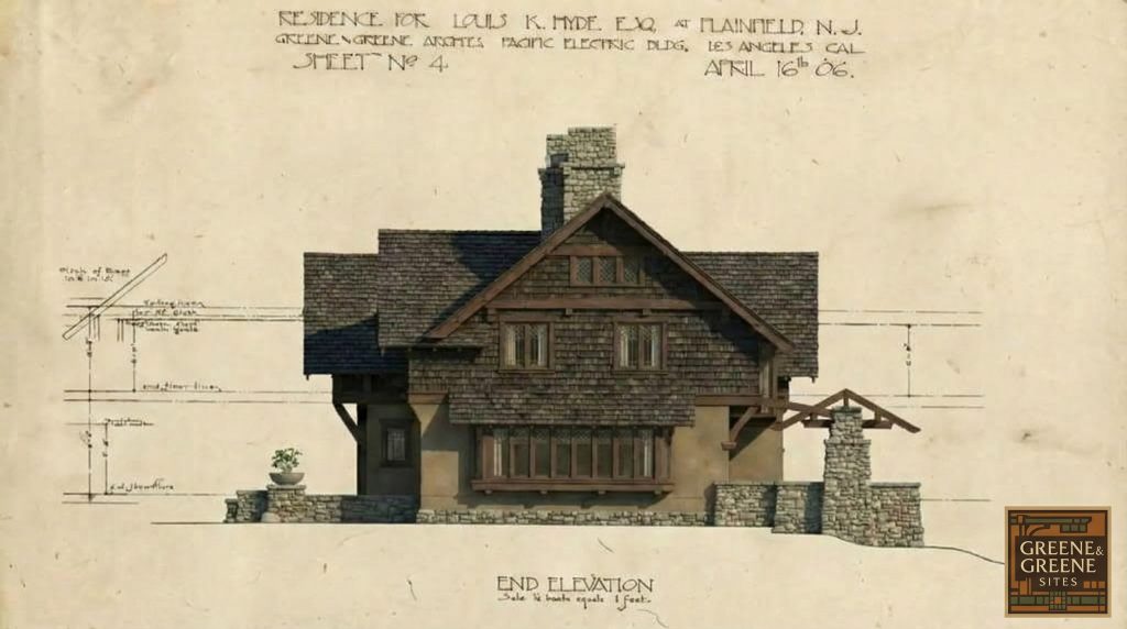 A stunning architectural rendering of an end elevation for the Louis K. Hyde house, showing its powerful rooflines and stone foundation.