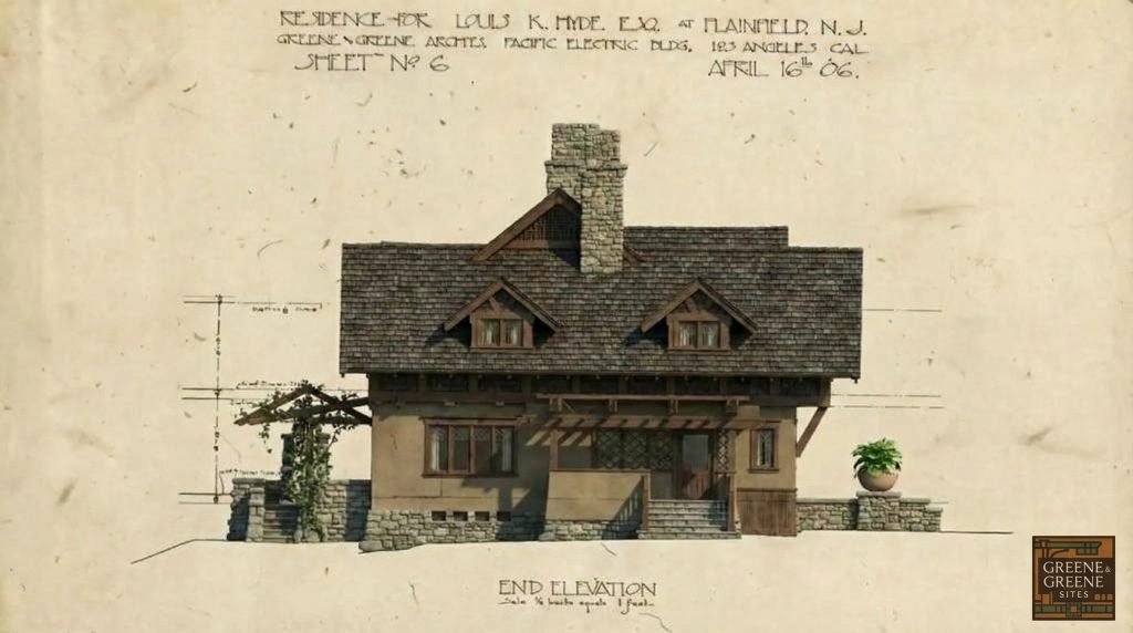 This rendering brings to life an end elevation of the Louis K. Hyde house, detailing its timber framing, dormers, and stone chimney.