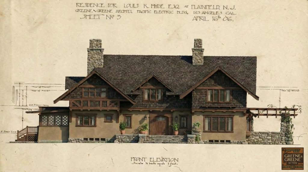 A full-color rendering of the front elevation for the Louis K. Hyde house, showcasing its complex gables and welcoming entrance.