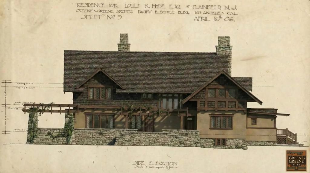 A beautiful architectural rendering of the side elevation for the Louis K. Hyde house, highlighting its extensive porches and pergolas.