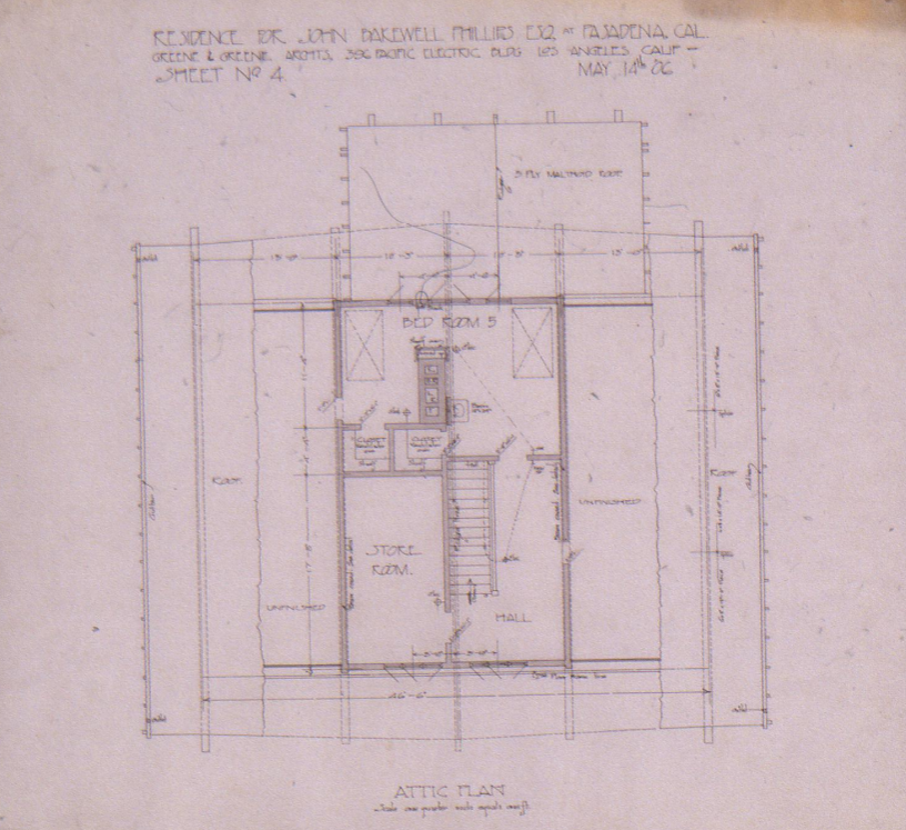 Original architectural drawing of the attic floor plan for the John Bakewell Phillips House by Greene & Greene.