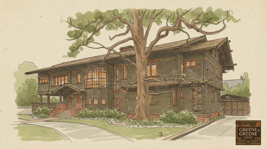 Architectural perspective drawing of The Dr. William T. Bolton House #3 showcasing the Arts and Crafts design.