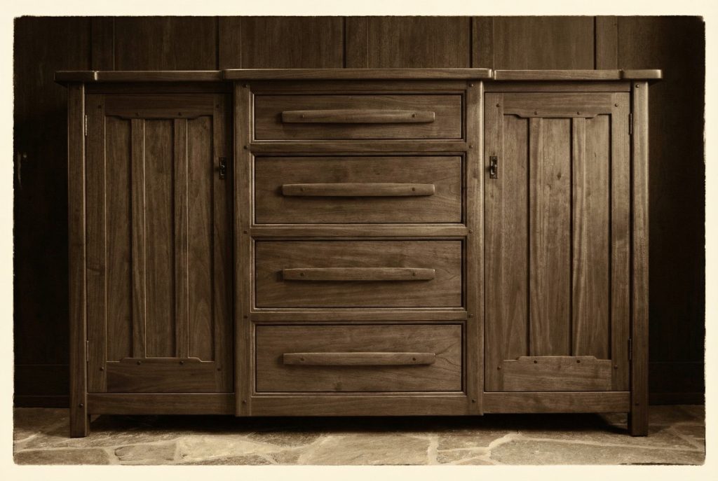 Sepia-toned rendering of Arts and Crafts oak sideboard with drawers and cabinet doors designed for The Lon F. Chapin House.