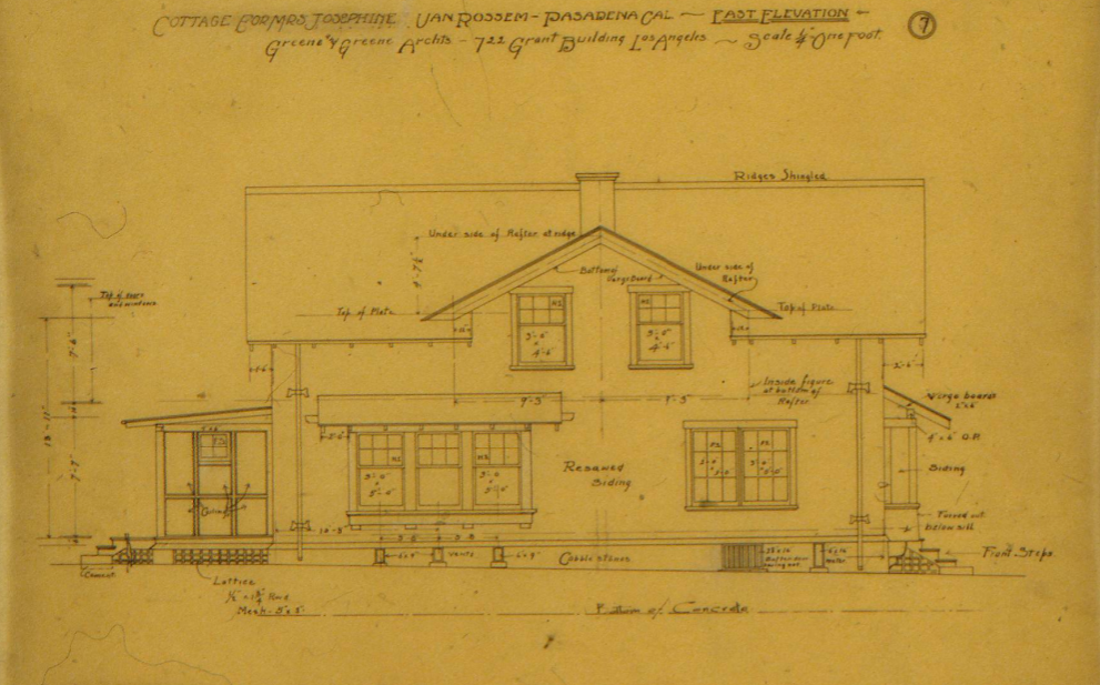 East elevation drawing for the van Rossem-Neil House depicting redwood siding, cobblestone base, and ridge shingles.
