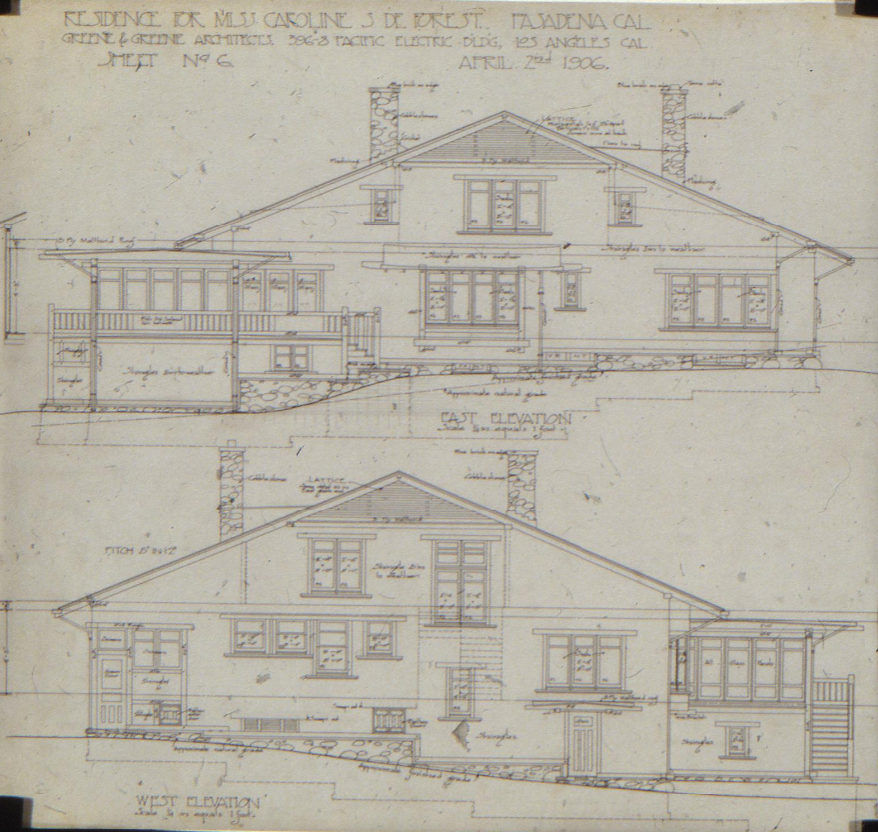 An architectural drawing showing the east and west elevations of The Caroline S. de Forest House, detailing its Craftsman design.