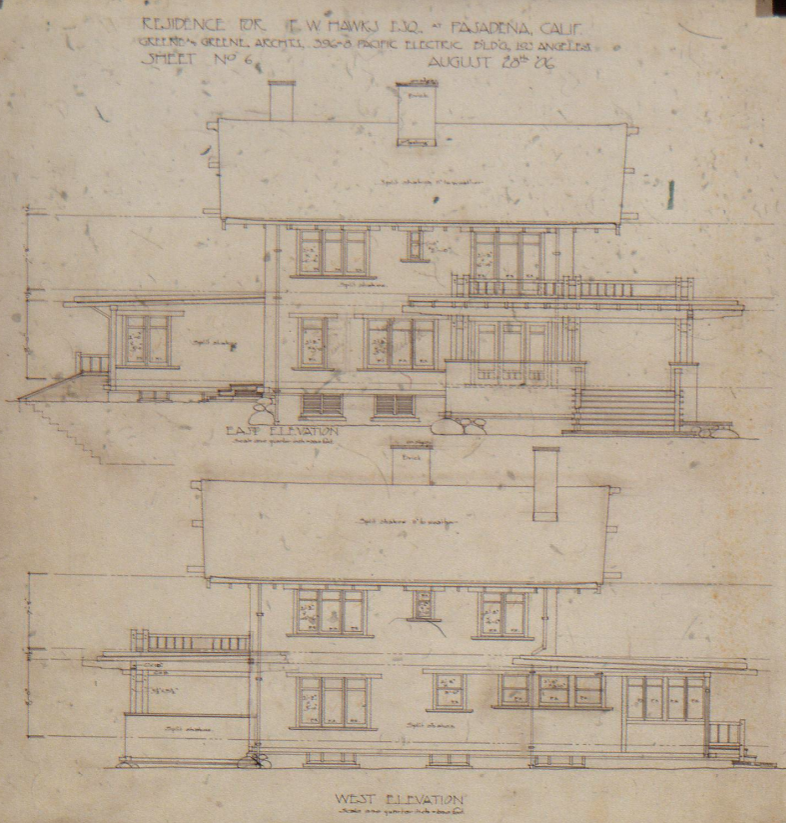 East and west elevation drawings of the F. W. Hawks house depicting the two-story chalet form with deep overhanging eaves.