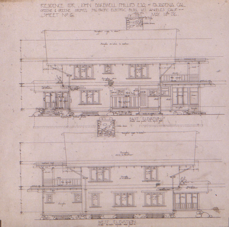 Greene & Greene's east and west elevation drawings for the John Bakewell Phillips House, showing the three-story massing.