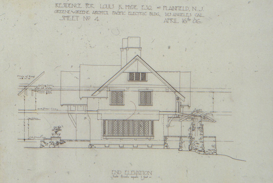 Greene & Greene's original 1906 end elevation drawing (Sheet No. 4) for the Louis K. Hyde house, detailing its fenestration and form.