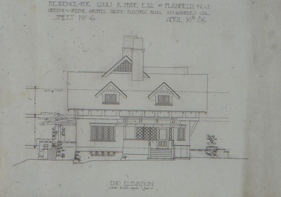 The 1906 end elevation drawing (Sheet No. 6) for the Louis K. Hyde house, showing its timber details and picturesque roofline.