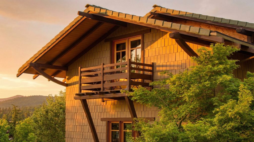 Wood-shingled exterior with balcony and exposed timber rafters of the Lilac House, built from the F. W. Hawks house plans.