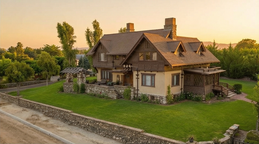 Aerial rendering of the James A. Culbertson house during sunrise capturing the beauty that Greene & Greene intended