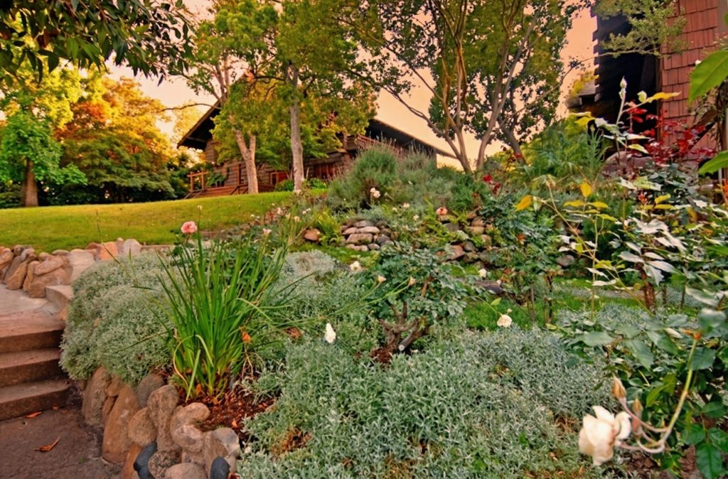 Landscape behind the garage with mature plantings at The Margaret B. S. Clapham Spinks House in Pasadena.