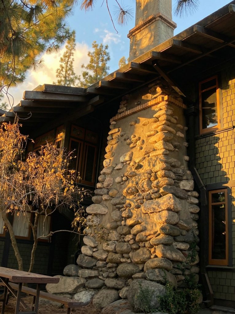 Secondary chimney view at The Mary E. Cole House displaying the signature arroyo stone masonry