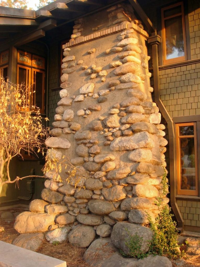 Close-up detail of the arroyo boulder chimney construction at The Mary E. Cole House