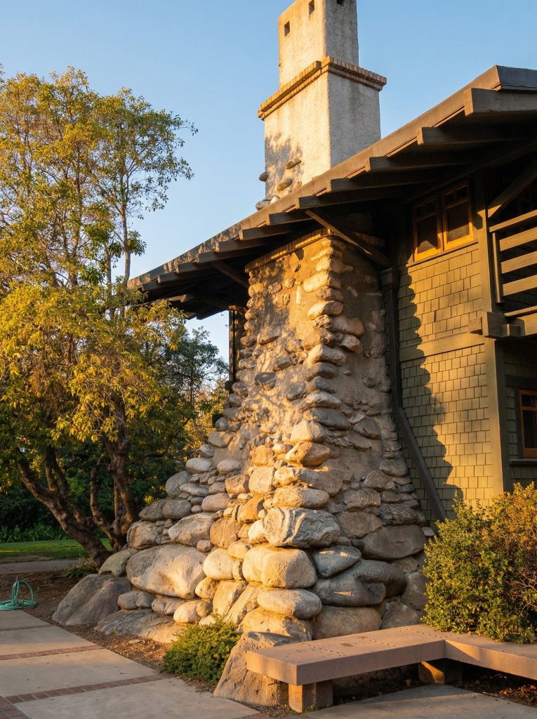 The distinctive arroyo boulder chimney of The Mary E. Cole House against the shingled exterior