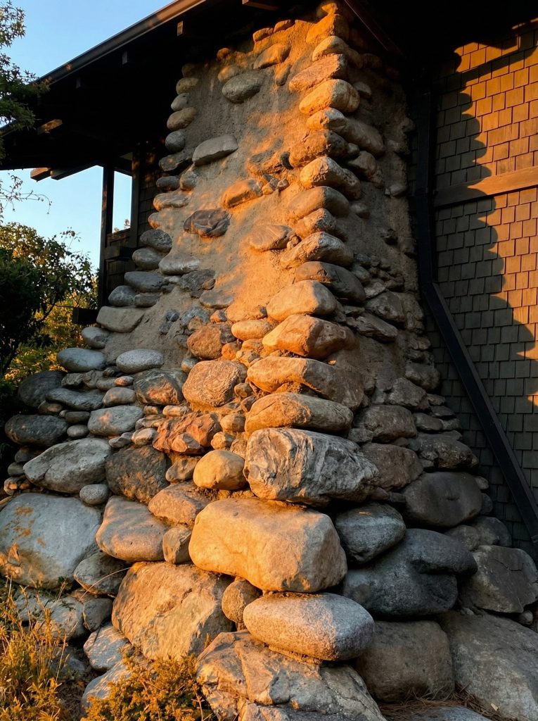 Detailed view of the arroyo boulder chimney craftsmanship at The Mary E. Cole House