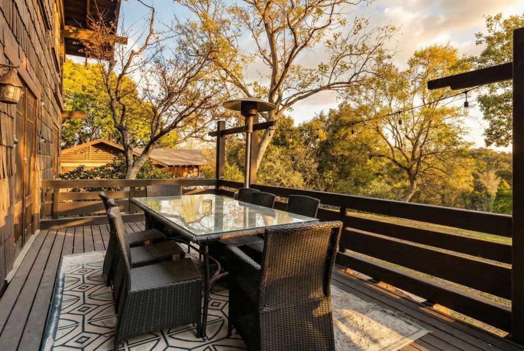 Rear deck overlooking the canyon and gardens at The Margaret B. S. Clapham Spinks House by Greene & Greene.