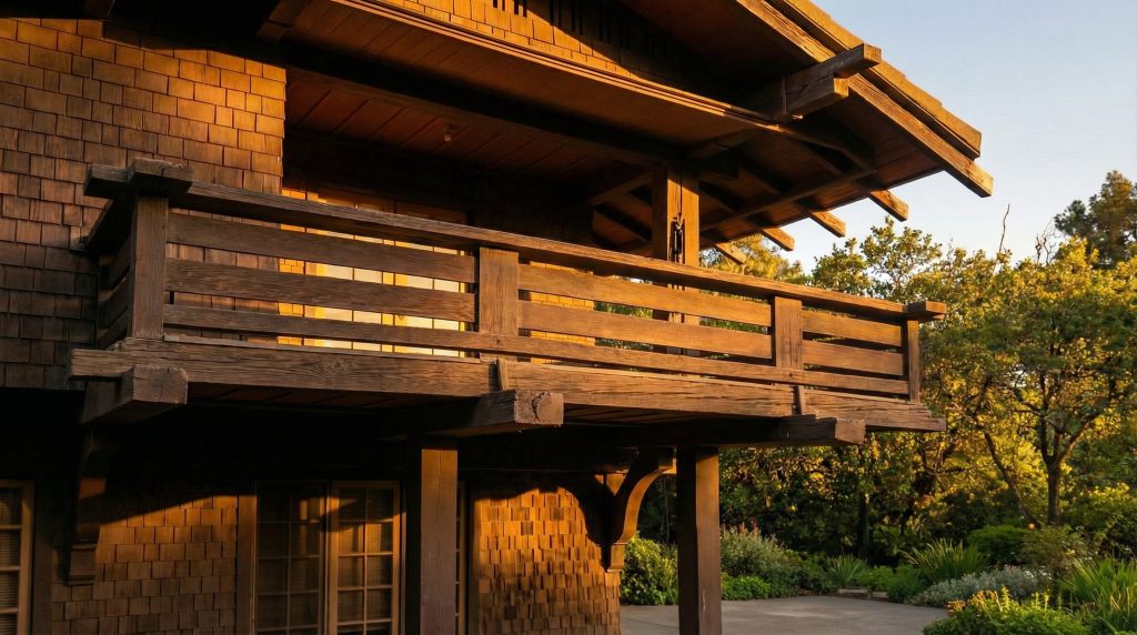 Elevated deck and balcony detail of the Robert Pitcairn Jr. house with characteristic Greene & Greene timber construction.