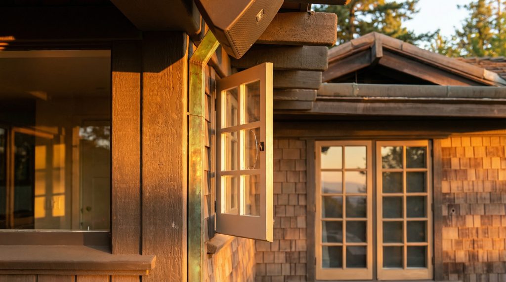 Exterior view of the Robert Pitcairn Jr. house featuring the elevated deck, exposed timber framing, and overhanging eaves.