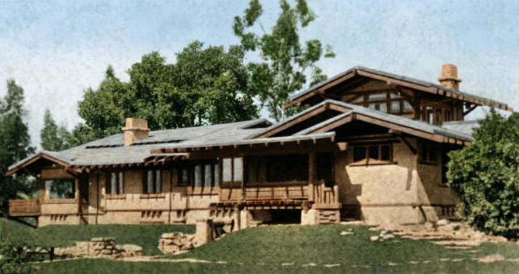 Historic colorized photograph of the Freeman A. Ford House exterior, showing the original architecture and landscaping.
