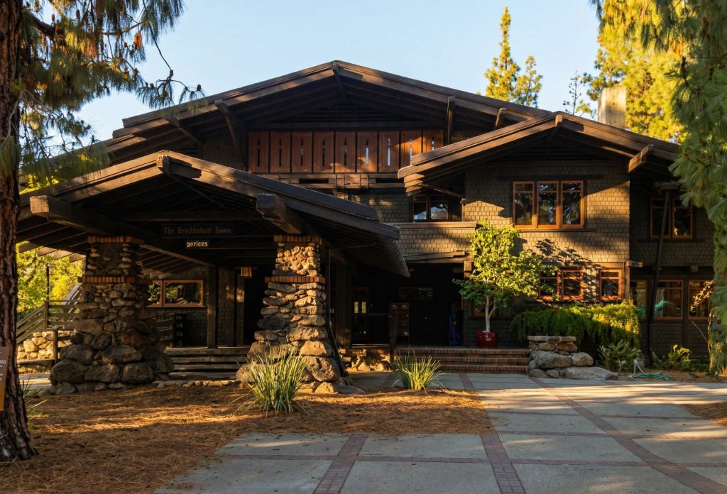 East facade of The Mary E. Cole House featuring the porte-cochere and horizontal rooflines