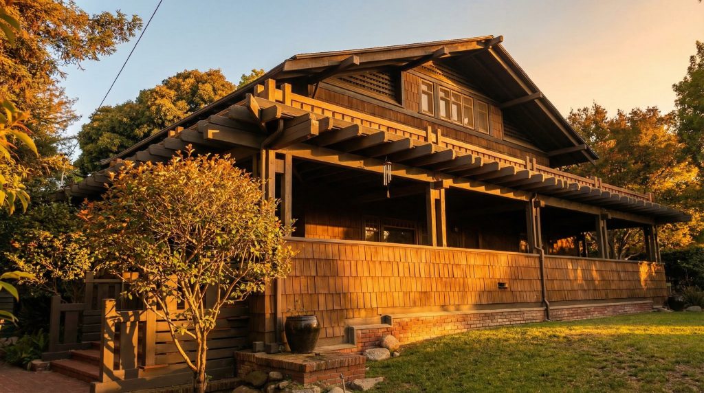 Front exterior of the F. W. Hawks house displaying its signature deep porch, exposed timber beams, and wood-shingle siding.