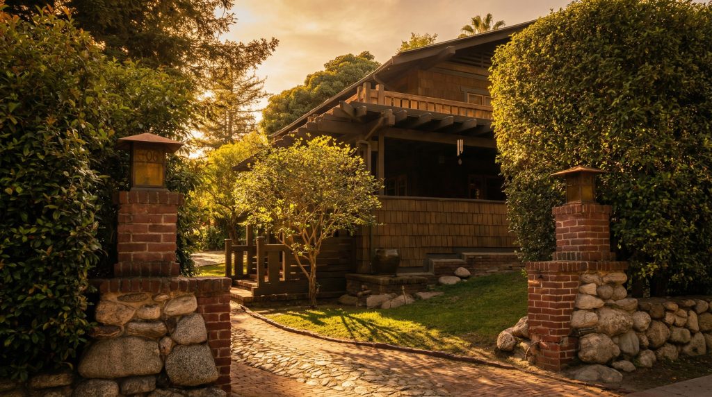 Driveway entrance to the F. W. Hawks house with brick pillars, Craftsman lanterns, and shingled chalet facade at golden hour.