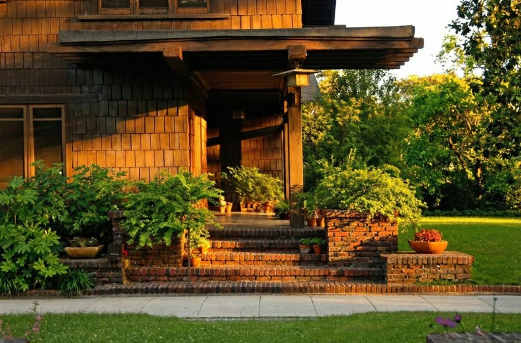 Expanded view of front entrance steps and terrace at The Margaret B. S. Clapham Spinks House by Greene & Greene.