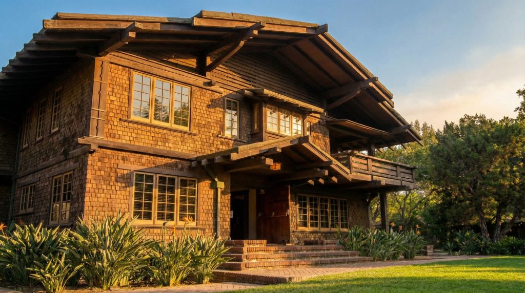 Side landscape view of the Robert Pitcairn Jr. house front entrance with mature plantings and Craftsman architectural details.