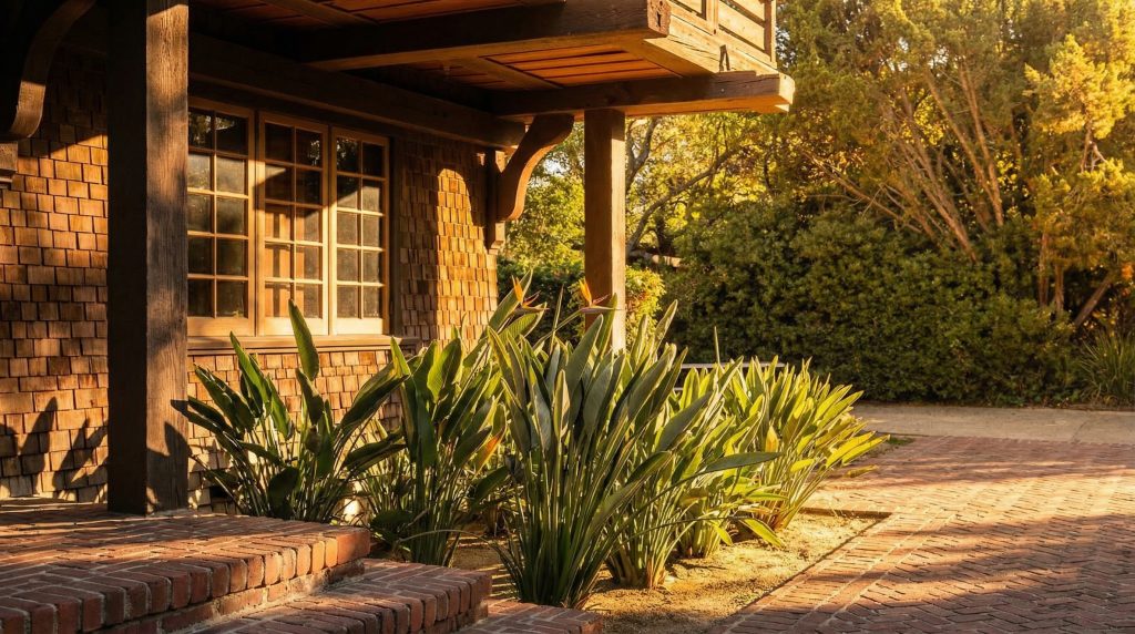 Front entrance view of the Robert Pitcairn Jr. house from the right side showing the welcoming porch and entry sequence.