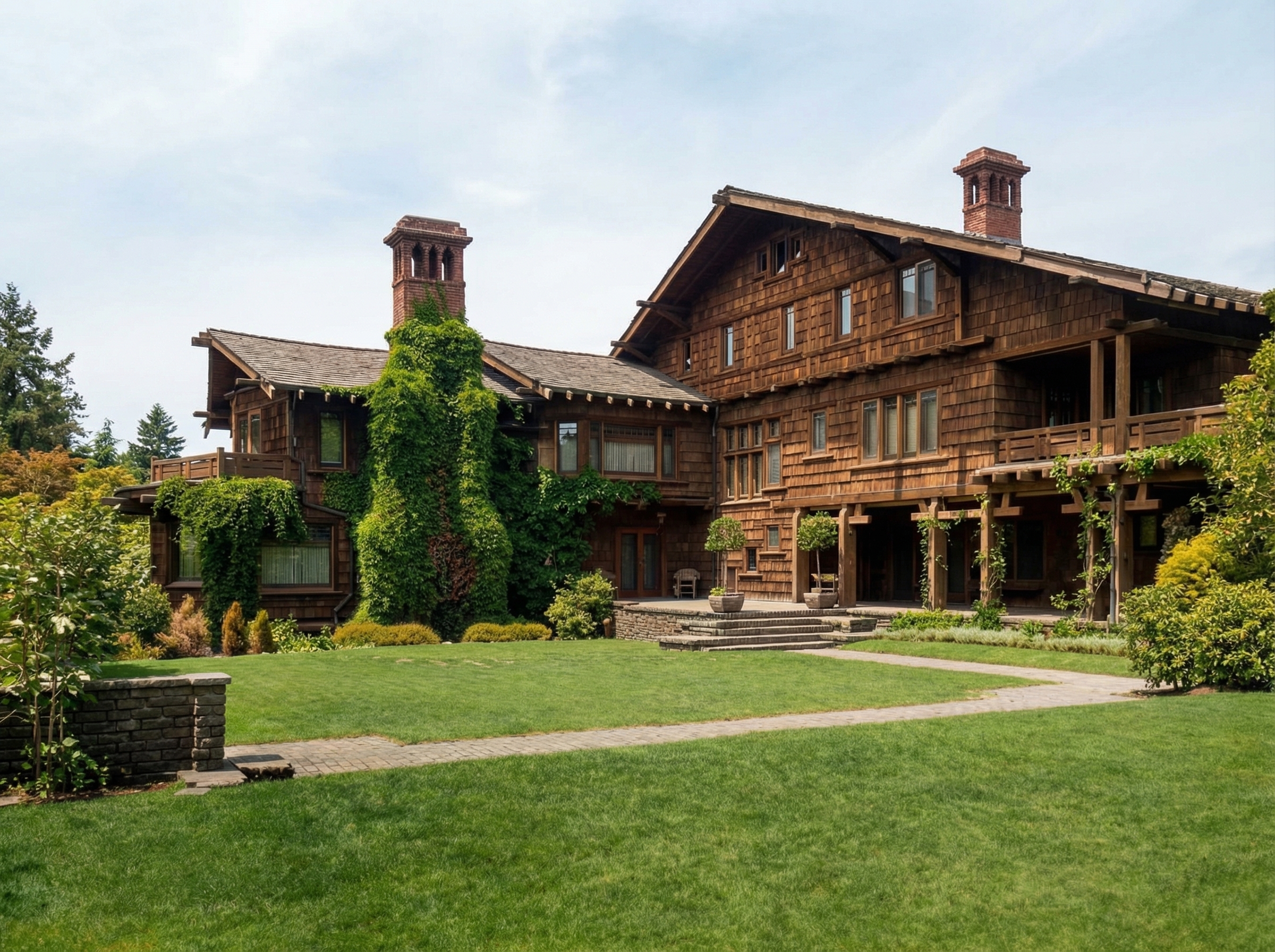 Vintage photograph of Thorsen House rear elevation with timber pergola, clinker brick chimneys, and landscaped yard
