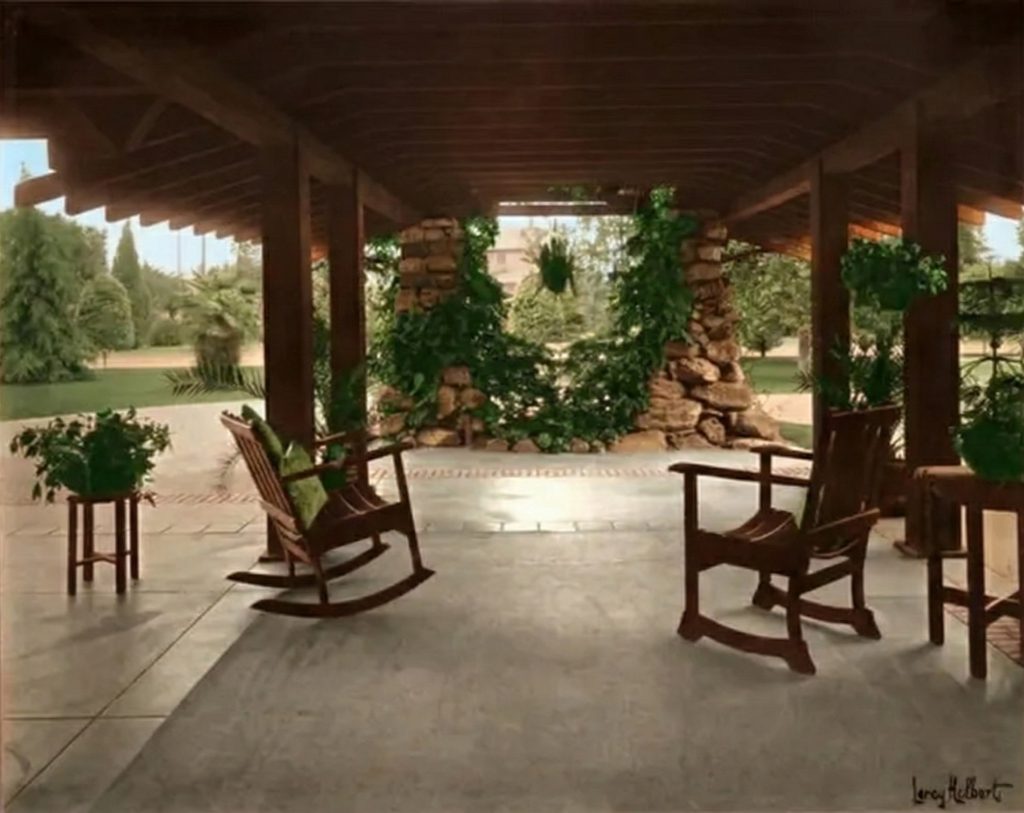Historic photograph of the front terrace at The Mary E. Cole House with original landscaping