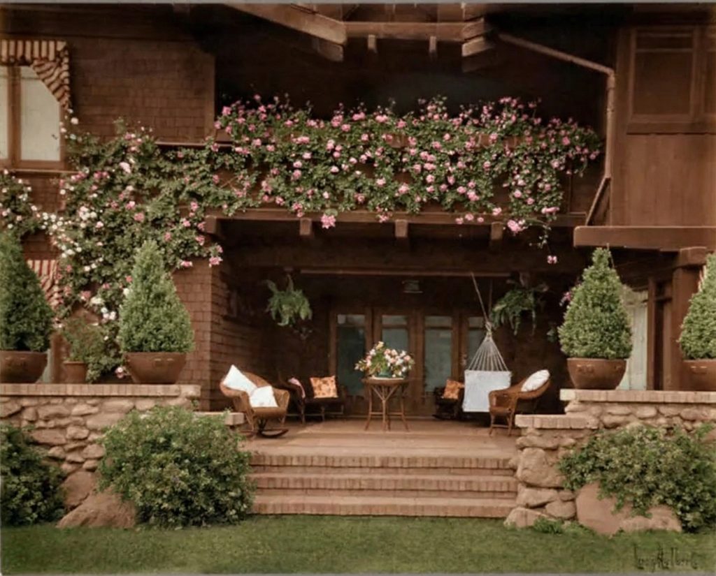 Historic view of the rear terrace and courtyard at The Mary E. Cole House designed by Greene & Greene