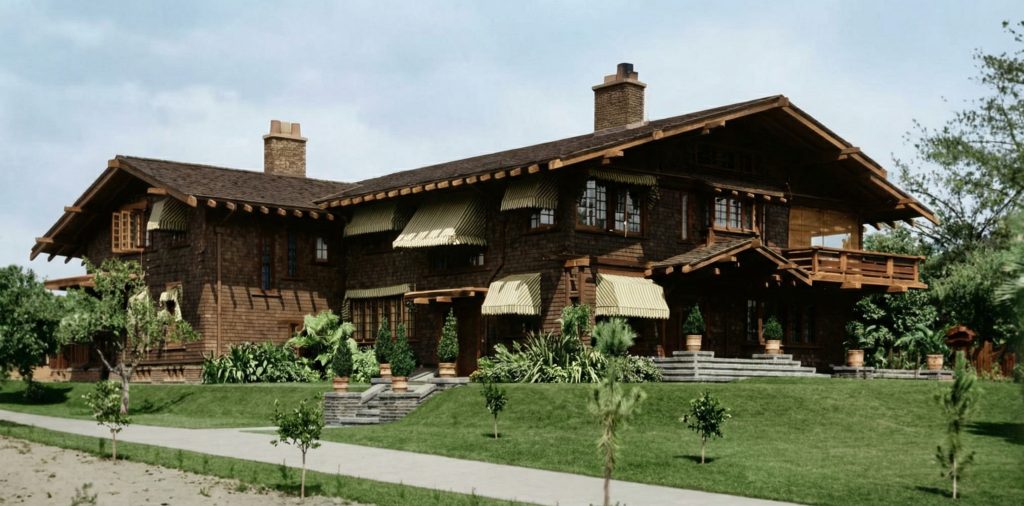 Historic photograph of the Robert Pitcairn Jr. house exterior showing the original condition of the Greene & Greene design.