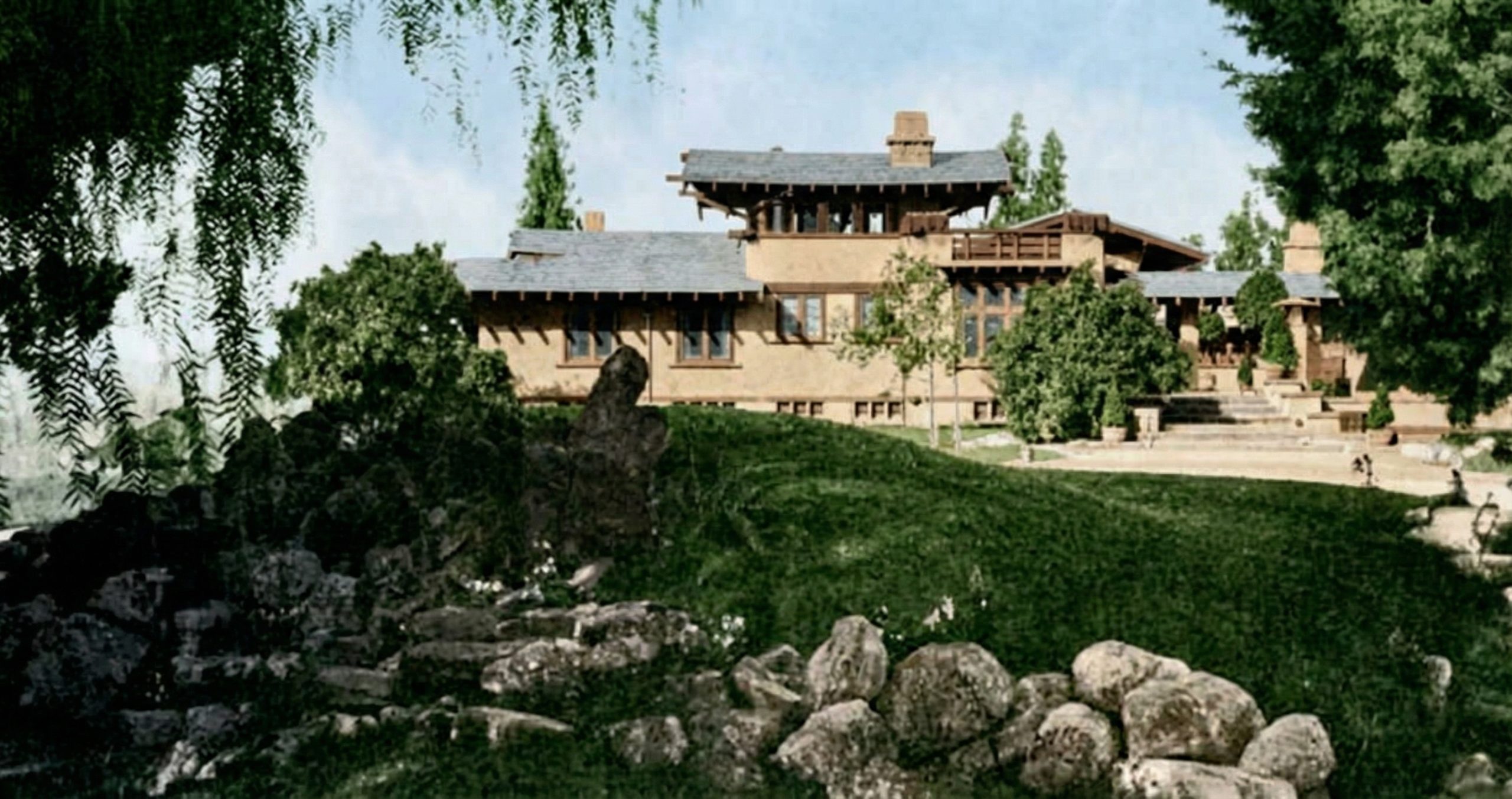 Historic colorized photograph of the Freeman A. Ford House exterior, showing the original architecture and landscaping.