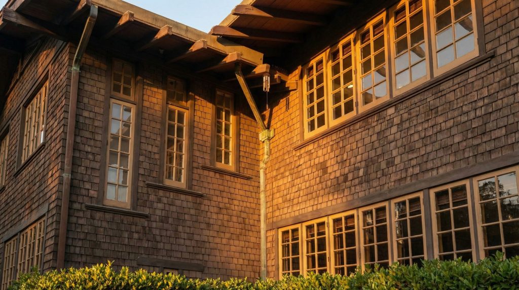 Upward view of the Robert Pitcairn Jr. house showing downspout detail, casement windows, and timber bracket construction.