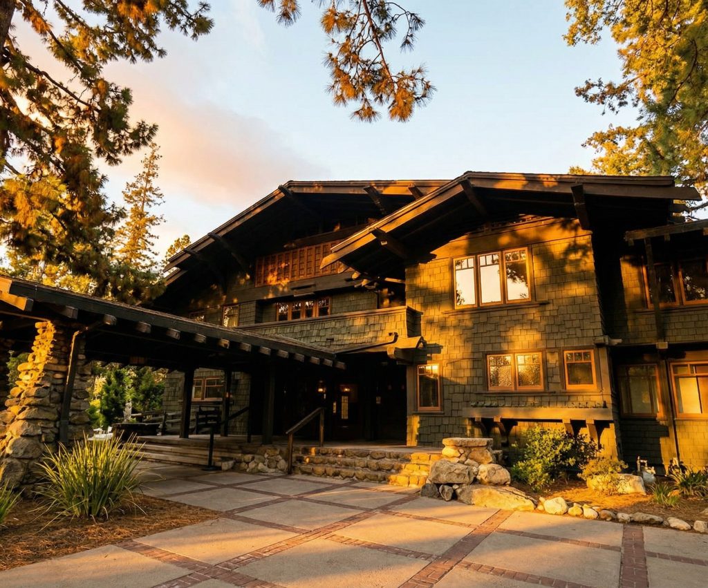 Northeast perspective of the porte-cochere at The Mary E. Cole House with stone and wood details