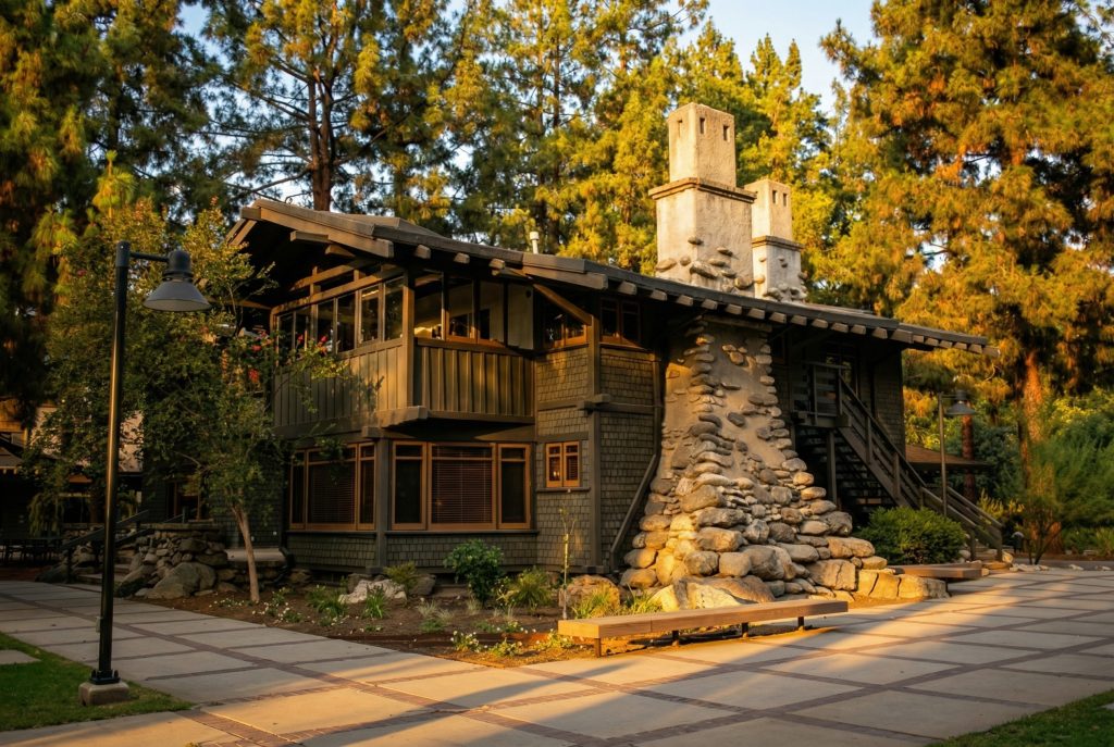 Southwest corner view of The Mary E. Cole House showcasing the Arts and Crafts design elements