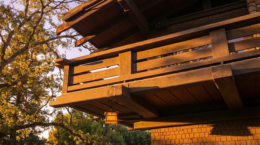 Underside view of the Robert Pitcairn Jr. house deck showcasing the intricate timber framing and structural connections.