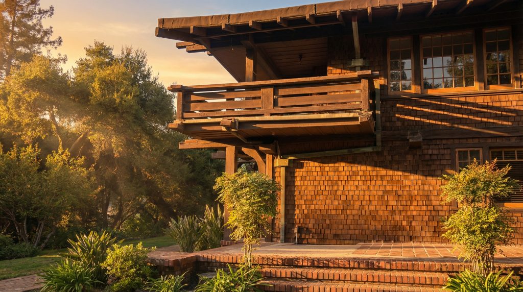View from beneath the deck of the Robert Pitcairn Jr. house revealing exposed beam structure and joinery craftsmanship.