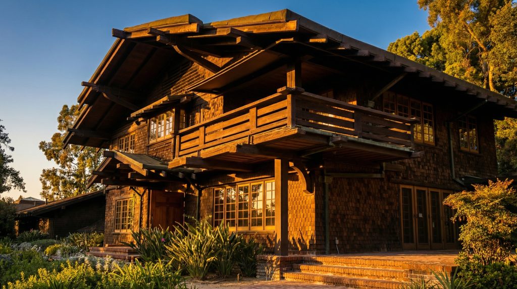 Landscape view beneath the deck of the Robert Pitcairn Jr. house displaying timber construction and garden surroundings.