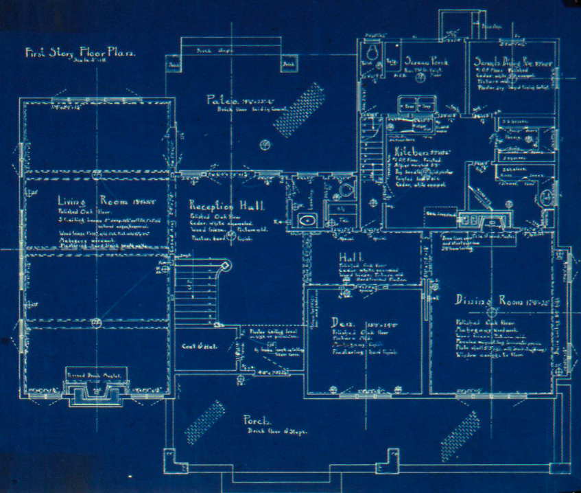 First floor plan blueprint of The Judge Joseph H. Pryor House showing living areas and room configurations.