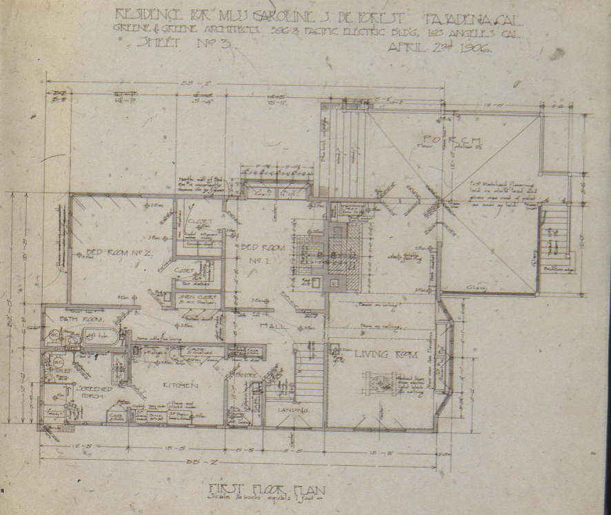 The first-floor plan of The Caroline S. de Forest House, detailing the layout of the living room, dining room, and kitchen.