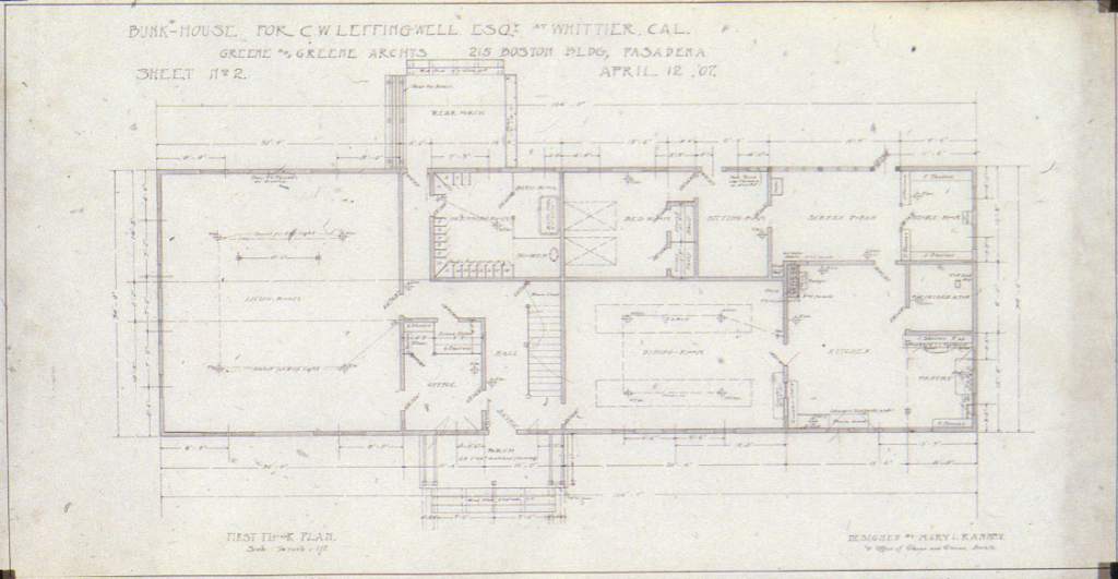 First floor plan drawing for The Charles W. Leffingwell Bunkhouse designed by Greene & Greene, 1907