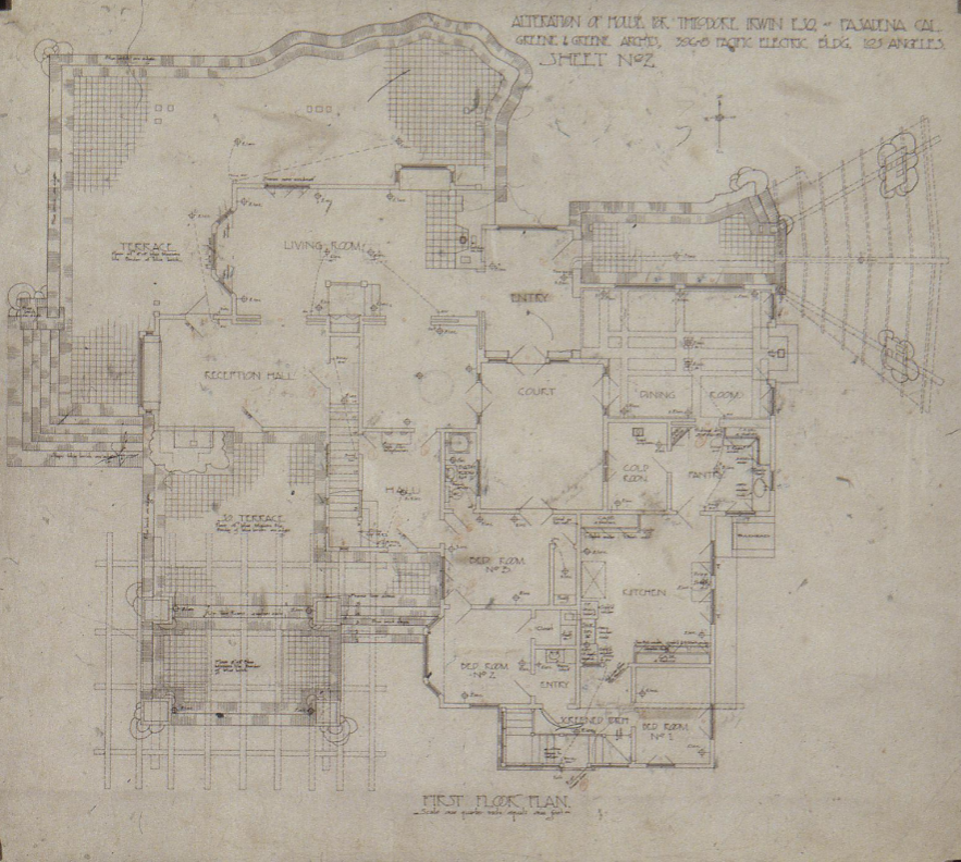 First-floor plan of The Duncan-Irwin House revealing central courtyard and room configuration.