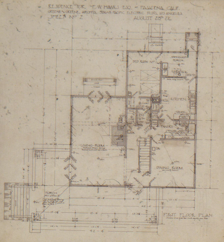 Greene & Greene's first floor plan for the F. W. Hawks house showing living room, dining room, kitchen, and porch layout.